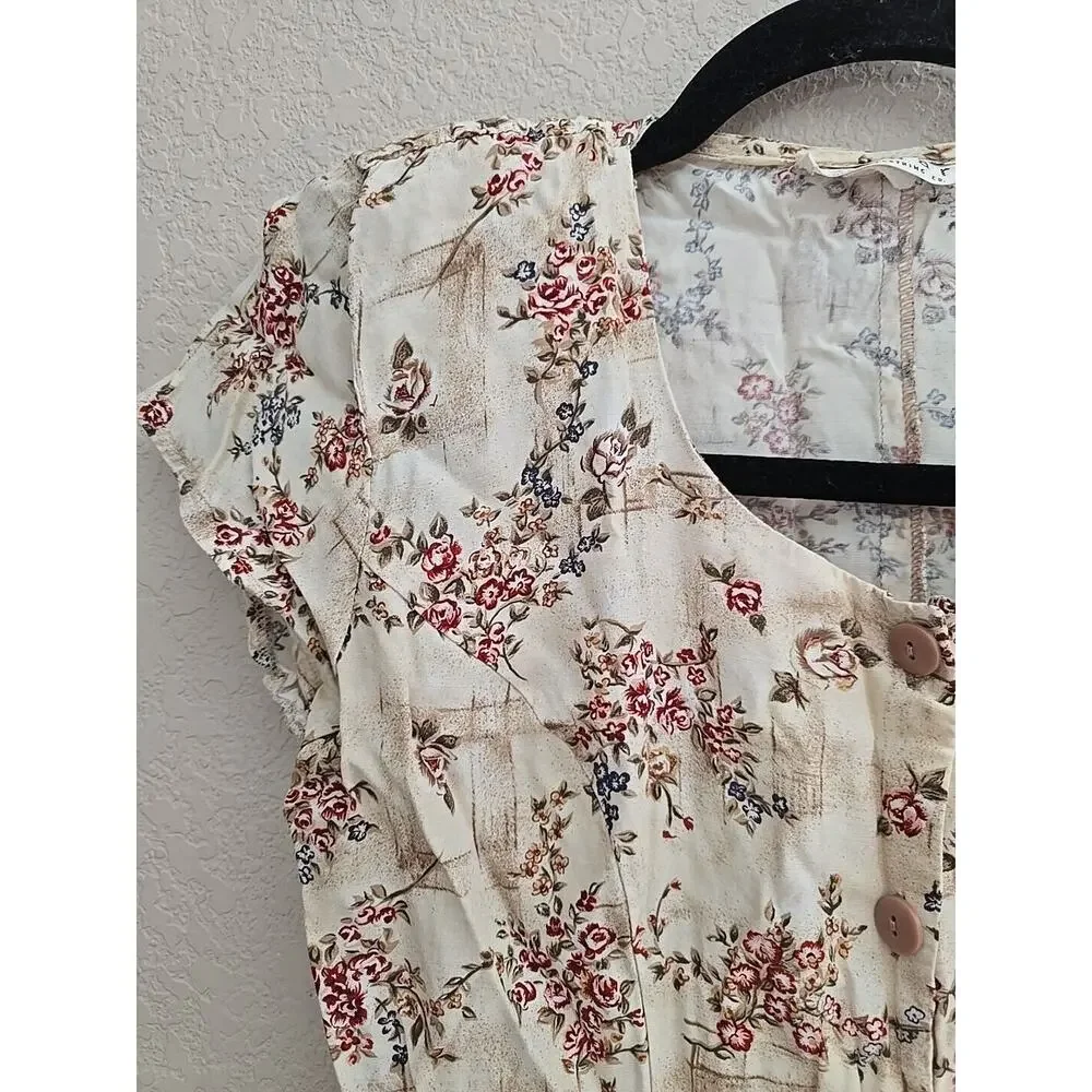 VTG Cottagecore Prairie Tan Floral Print Button Front Short Sleeve Dress Small‎